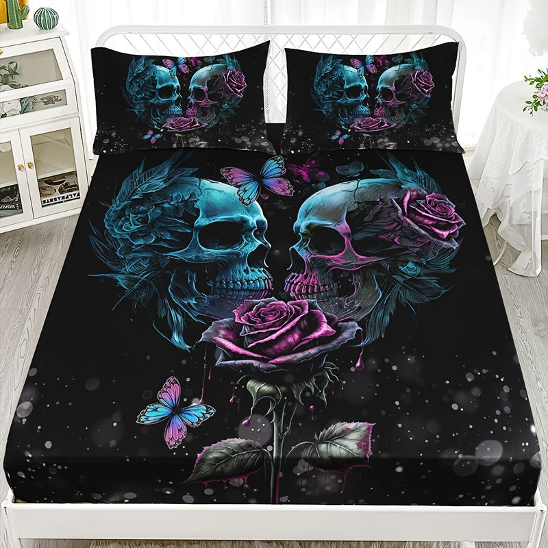Gothic Skull Rose Fitted Sheet Set 3-Piece Halloween Bedding, HD Print Skull Flower Deep Pocket Fitted Sheet with 2 Pillowcases