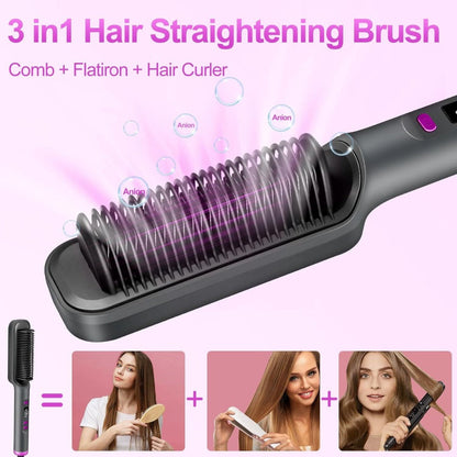 2-in-1 Hair Straightener & Curler LCD Display – 35-Second Fast Heat 4-Speed Temperature Anti-Scald Flat Iron Brush for Women with 2 Hairpins