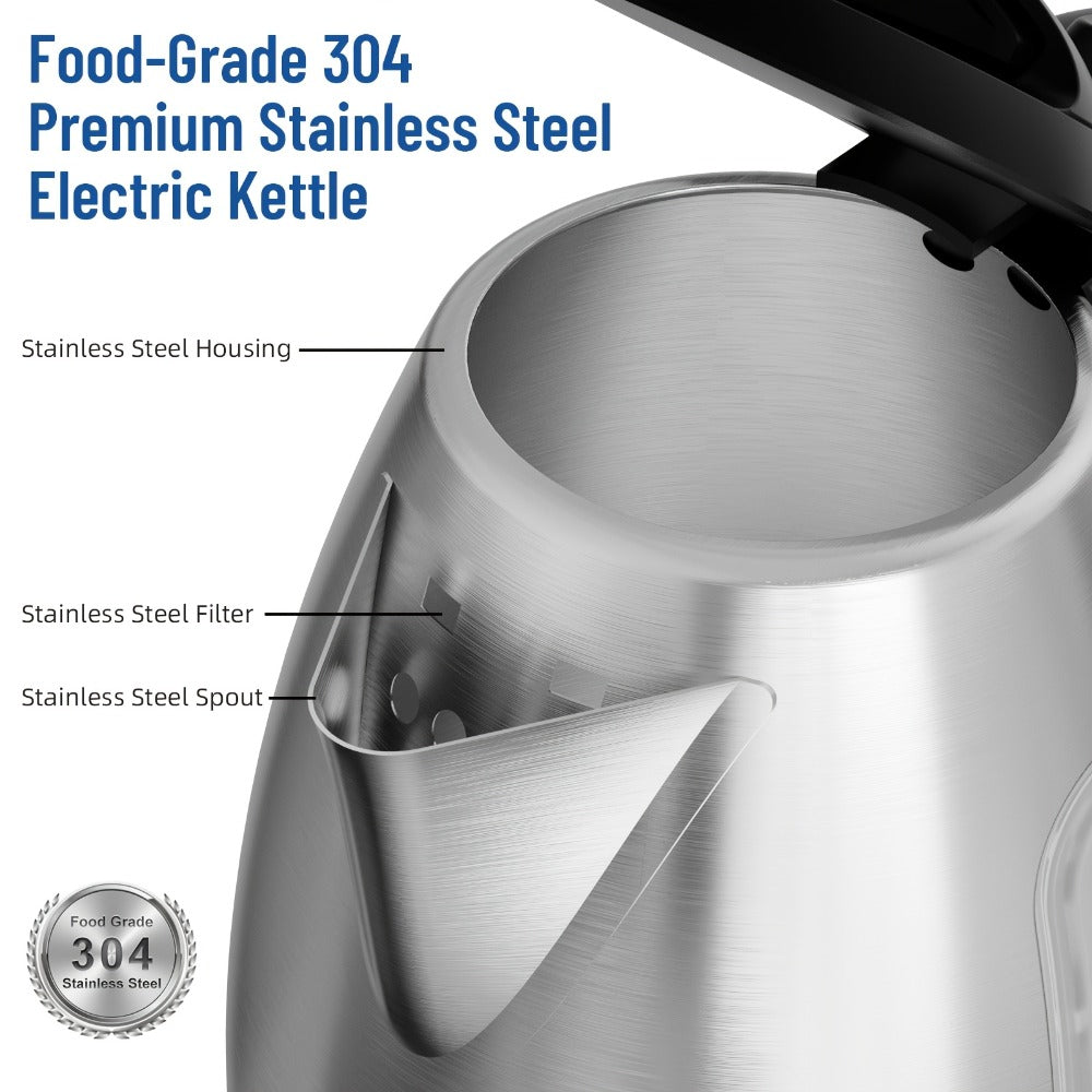 Electric Kettle 1200W Fast Boiling 1.8L Stainless Steel BPA-Free Auto Shut-Off Boil-Dry Protection 360 Swivel Base for Coffee Tea Kitchen