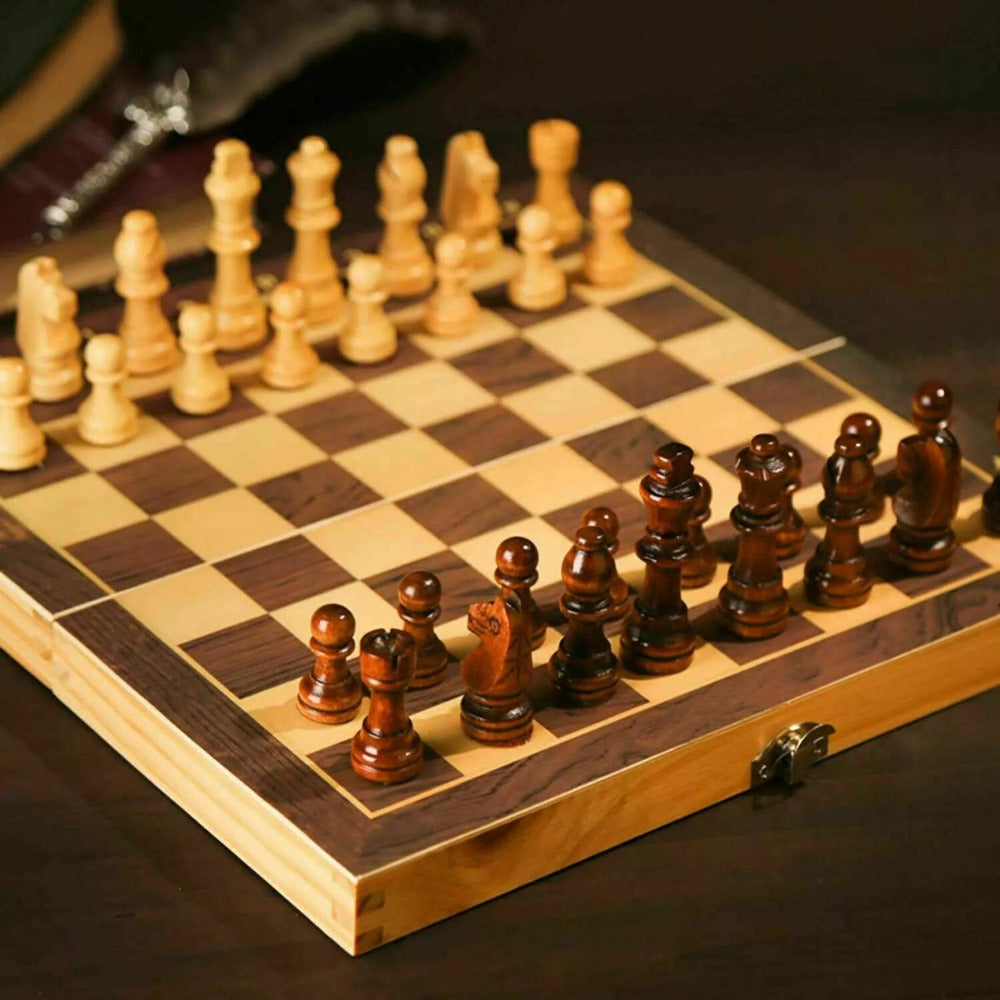 Wooden Folding Chess Set 12 Inch – Handmade Portable Chessboard 30x30cm with Game Pieces, Classic Strategy Board Game for Adults Kids