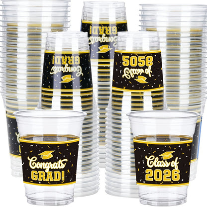 Graduation Plastic Mugs 100 Pack 14oz, 2026 Graduation Party Cups in Black Red Blue Green Purple Maroon for Graduation Ceremony