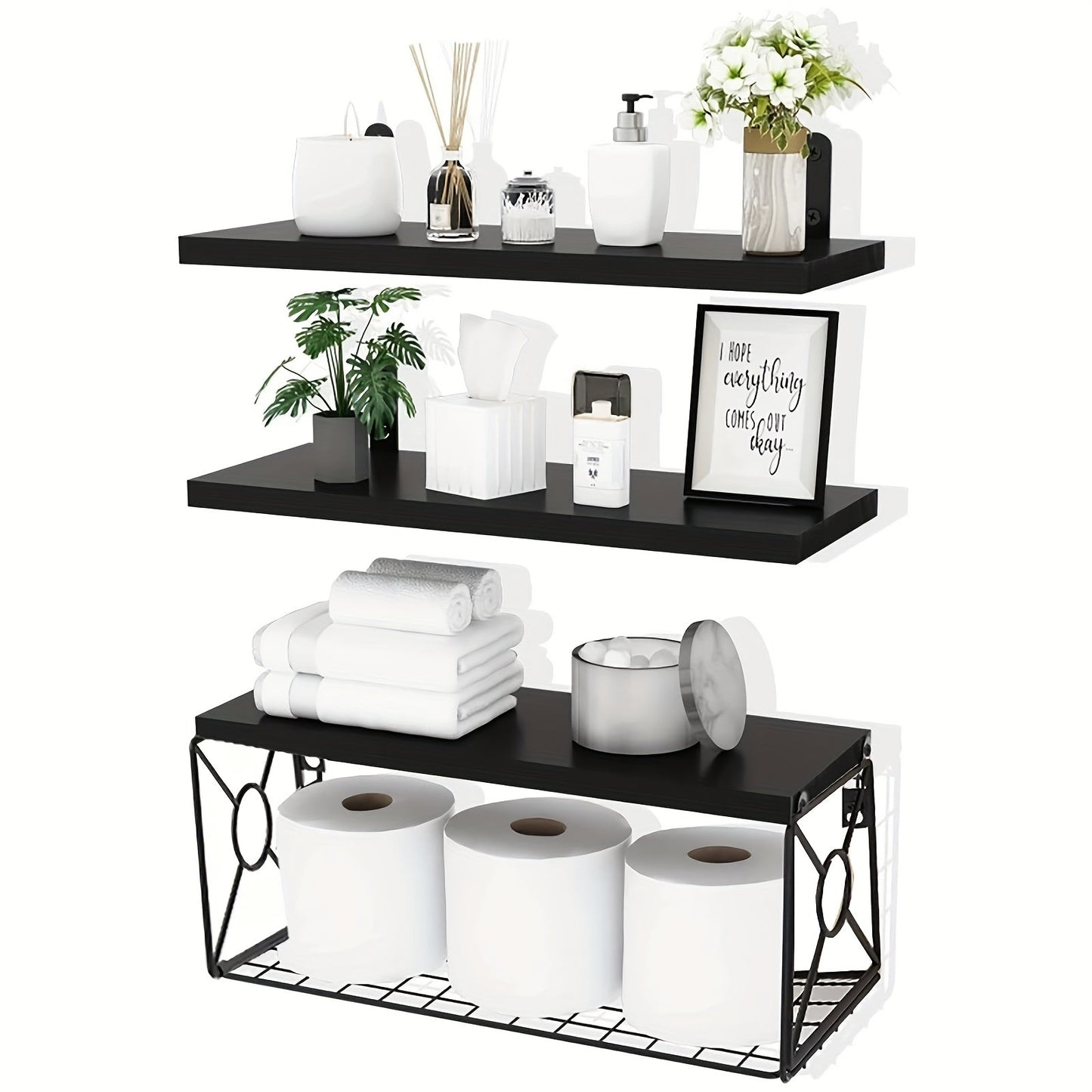 Floating Shelves Over Toilet 3-Piece Set, Farmhouse Bathroom Wall Mounted Storage Shelf for Toilet Paper