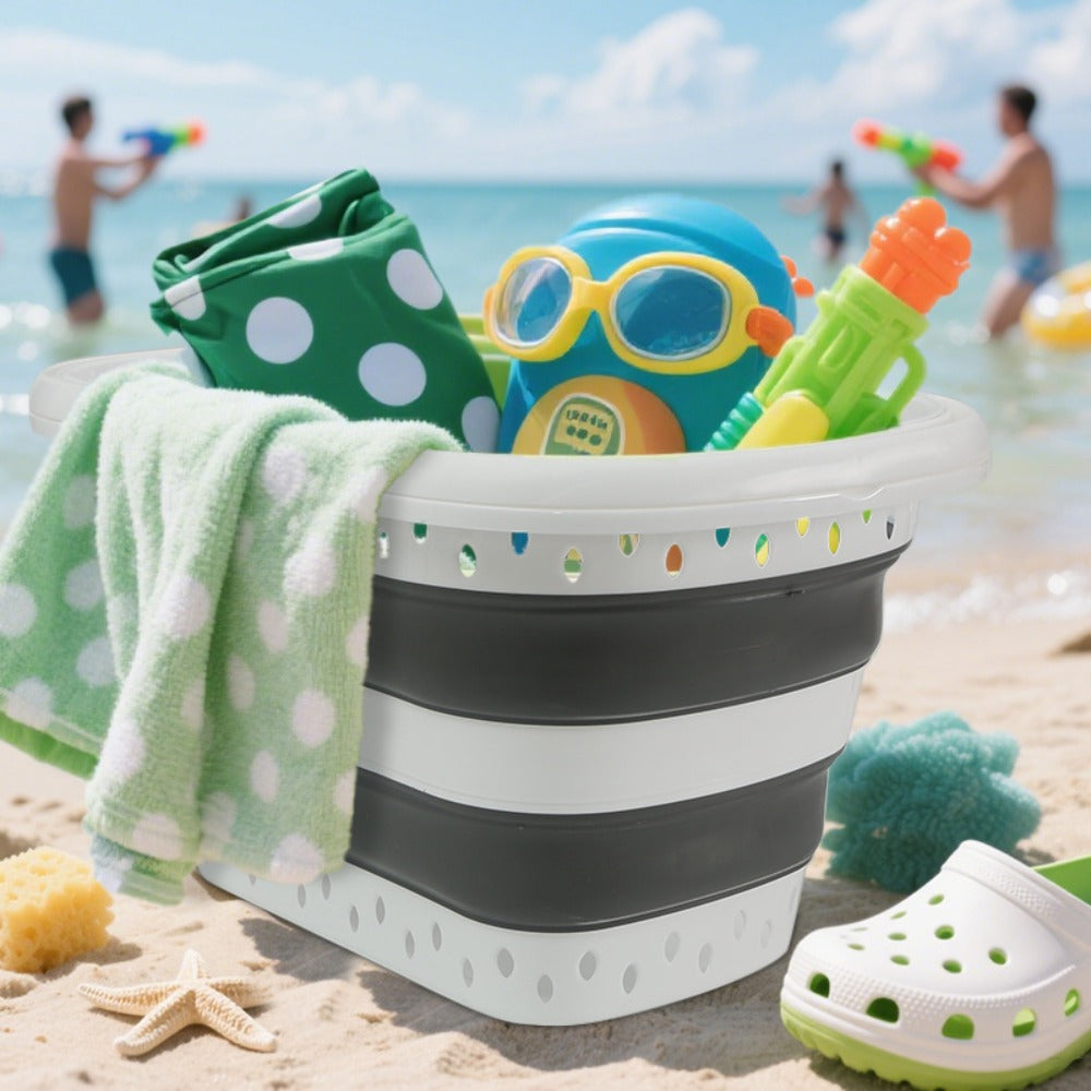 16-Gallon Collapsible Plastic Laundry Basket in Gray and White with Folding Walls and Carry Handles