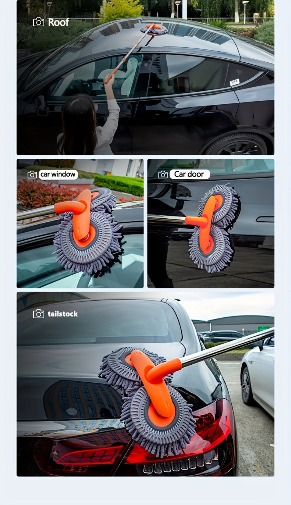Car Wash Mop with Three-Stage Extension Handle, Rotating Microfiber Head and Replacement Head Option