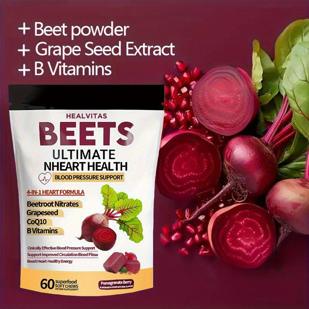 Beetroot Gummies with CoQ10, Grape Seed Extract & Multivitamins, Blood Pressure Support, Heart Health