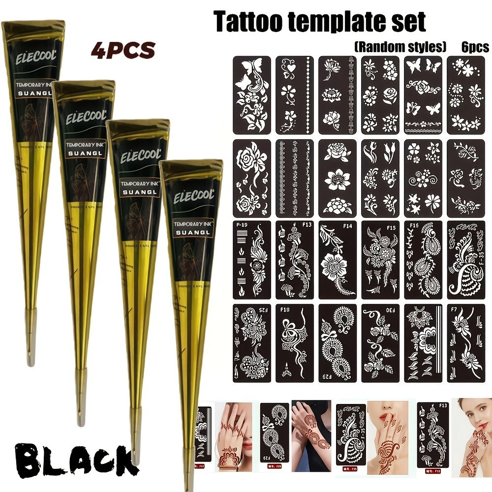 Temporary Semi-Permanent Tattoo Paste Kit - Body Art Gel in Brown & Black with Tattoo Templates
