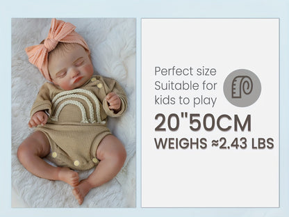 Reborn Baby Doll 20-Inch Sleeping Soft Cloth Body with Striped Outfit, Bow Headband and Feeding Accessories