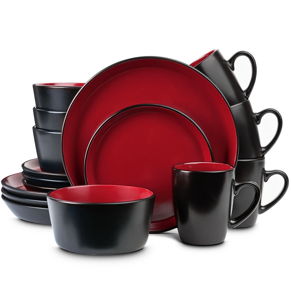 Dinnerware Set Options for Four with Round Plates, Bowls and Cups in Black, Red, Blue, Green or Floral Designs