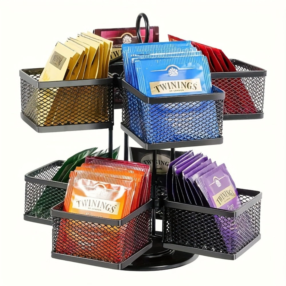 Eight-Basket Rotating Tea Bag Organizer with Black Mesh Carousel, 9.4-Inch Height and 4.5-Inch Base