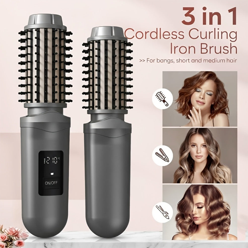 Cordless Hair Curler Brush 2-in-1 Straightener – Rechargeable Wireless Auto Curling Iron, for Home, Travel and Salon Hair Styling