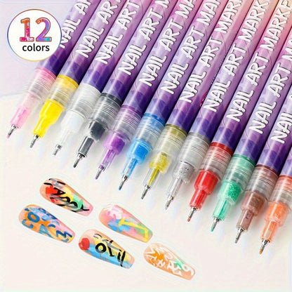 Nail Art Pens 12 Colors Quick Dry 3D Graffiti & Detail Brush Set – Ultra-Fine Precision Drawing Pen Kit for DIY Nail Design