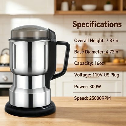 Electric Coffee Grinder 300W 25000RPM, 8-Blade Stainless Steel Spice & Grain Mill for Coffee Beans