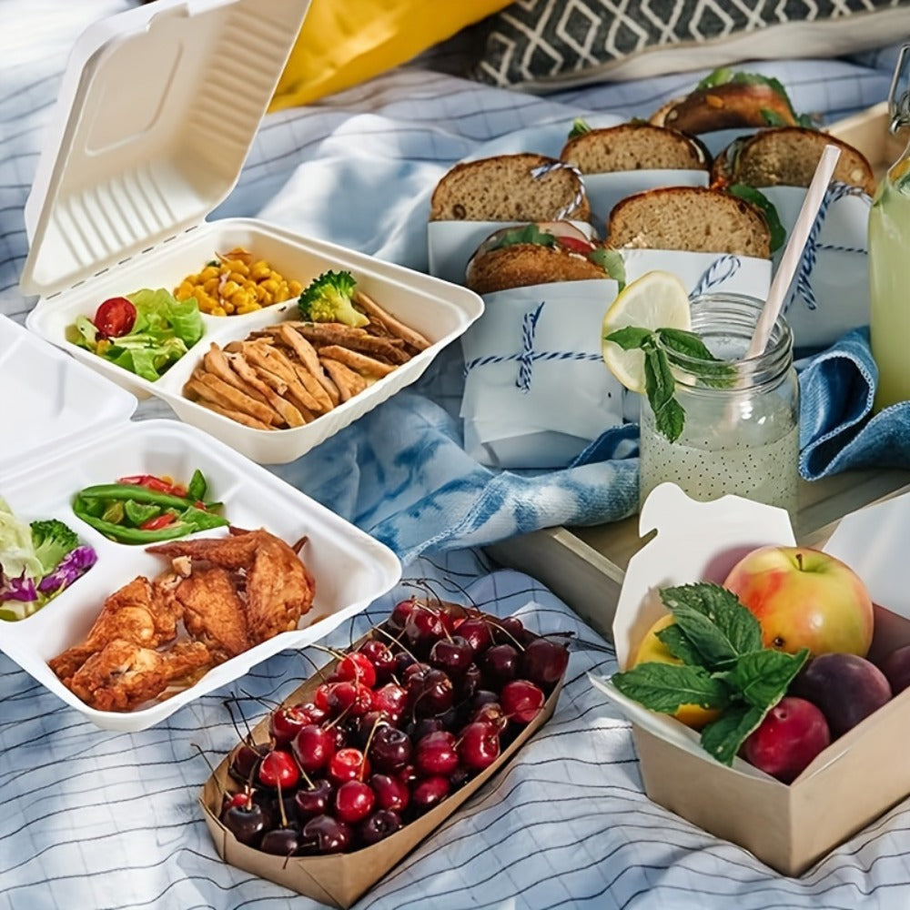 Disposable Food Containers Take Out Boxes with Lids - 7" 8" 9" Plastic Clamshell Meal Prep Containers 1 & 3 Compartment Reusable White