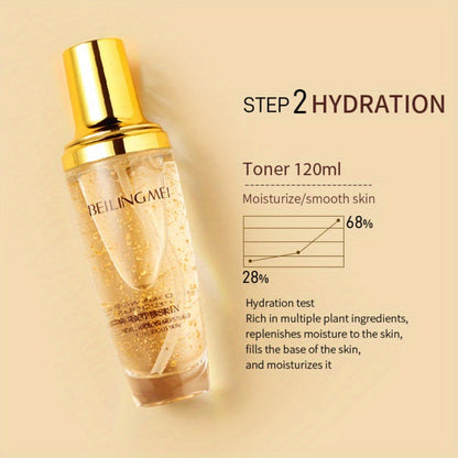 Skincare Set with BEILINGMEI Label, 9 Golden-Skin Collagen Hyaluronic Acid and Niacinamide Items