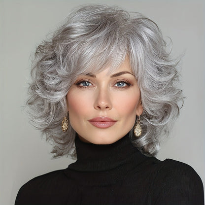 Synthetic Wig 12-Inch Silver Grey Short Curls with Bangs and Adjustable Rose Net Cap for Cosplay Looks