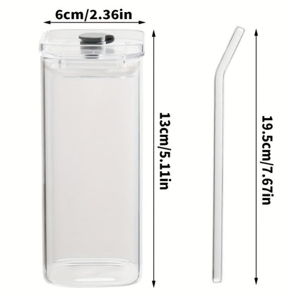 Square Glass Cup Drinkware Set, 13oz Clear Cups with Lids, Straws and Cleaning Brush in 4, 6 or 8 Pieces