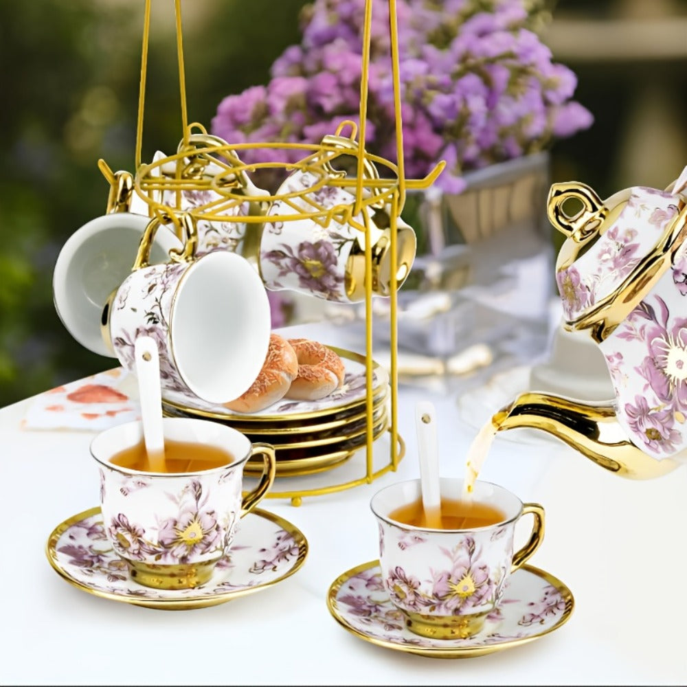 20-Piece Floral Ceramic Tea Set with Saucers & Metal Stand, European Afternoon Tea Service, Blooming Design