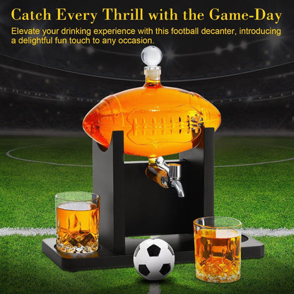 Football Whiskey Decanter Set with 47 oz Spouted Bottle, Two Glasses, Two Football Chillers and Black Display Stand