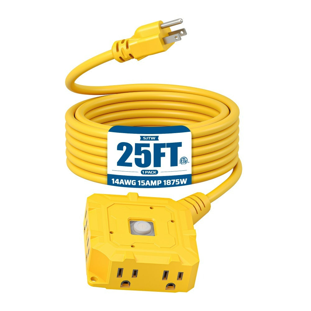 Extension Cord 25ft 6-Outlet SJTW 14AWG with Cover & On/Off Switch, Outdoor Indoor Power Strip Cord for Workshop