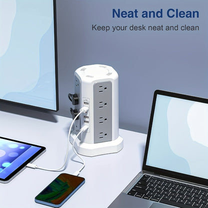 PD18W USB-C Power Strip Tower 21-in-1, 16 AC Outlets & 5 USB Ports, 1500J Surge Protector, Angled Flat Plug
