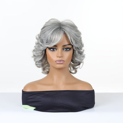 Synthetic Wig 12-Inch Silver Grey Short Curls with Bangs and Adjustable Rose Net Cap for Cosplay Looks