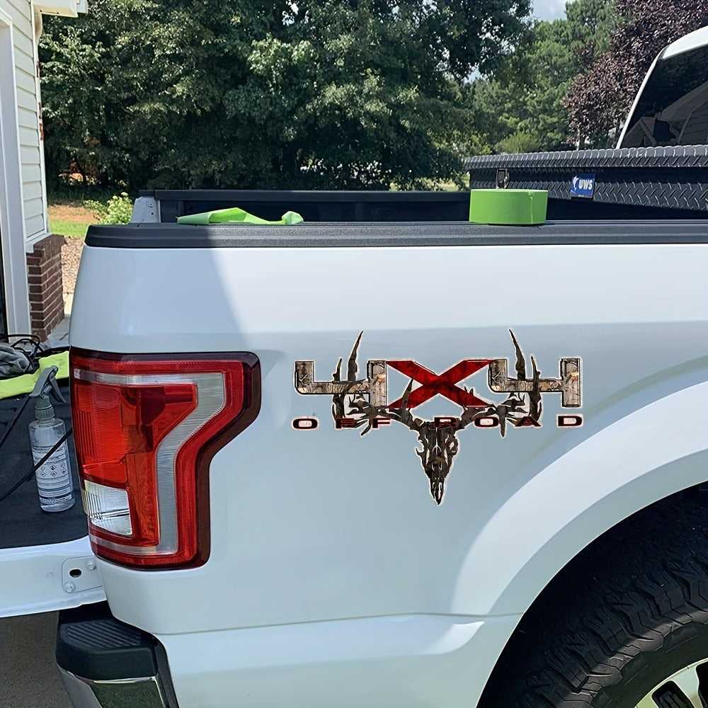Two-Piece Hunting Skull Truck Decal Set with Antlers, Crossed Arrows and Red Center Accent