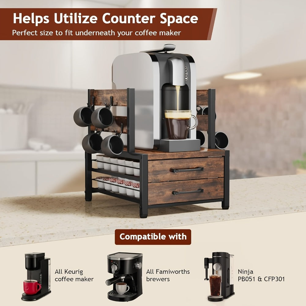Kitchen Organizer Coffee Capsule and Mug Rack with Single or Double Layer Countertop Stand in Rustic Brown