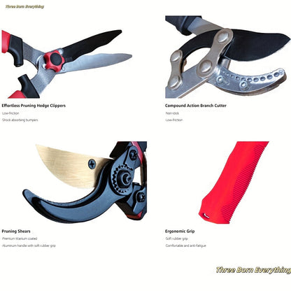 Garden Pruning Shears Set Loppers Hedge Shears & Hand Pruner Combo, Alloy Steel Branch Cutter Kit with Compound Action