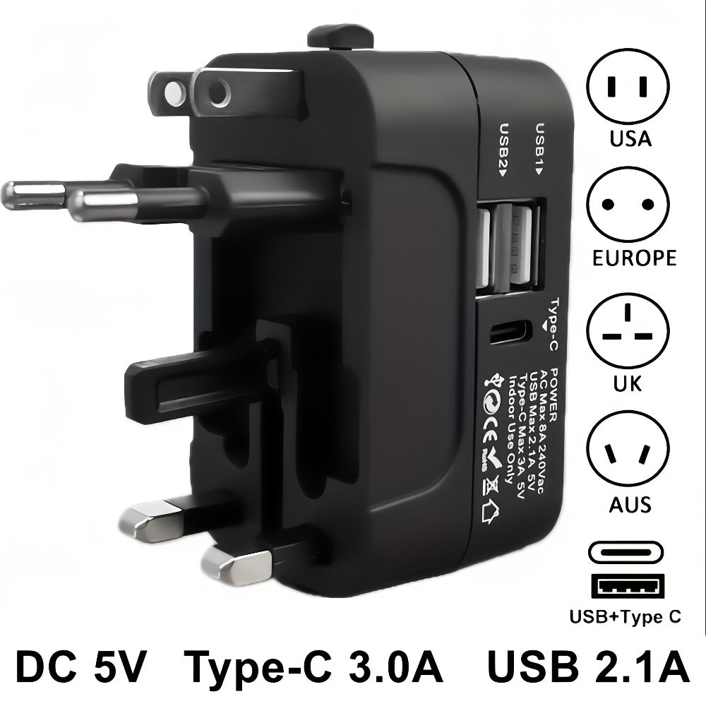 Universal Travel Adapter with Surge Protection - 2 USB & Type-C Ports, All-in-One International Plug for 350+ Countries