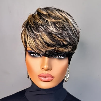 Synthetic Wig 4-Inch Layered Pixie with Bangs, Black-Blonde Look and Rose Net Cap for Daily Style