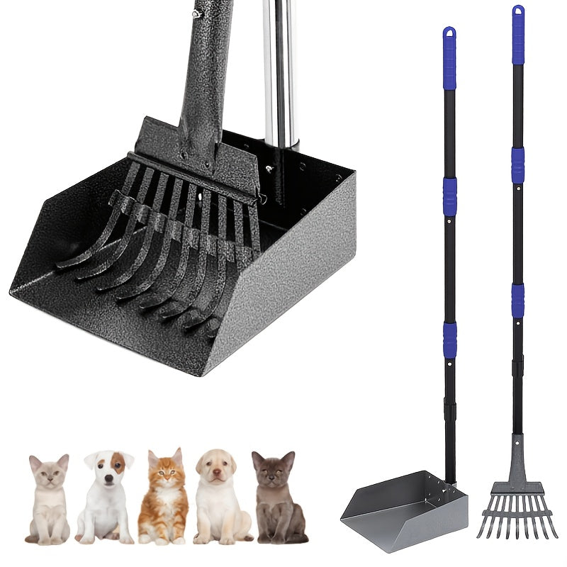 Long-Handle Pet Waste Rake and Tray Set with Two Three-Section Handles and Nine Color Options