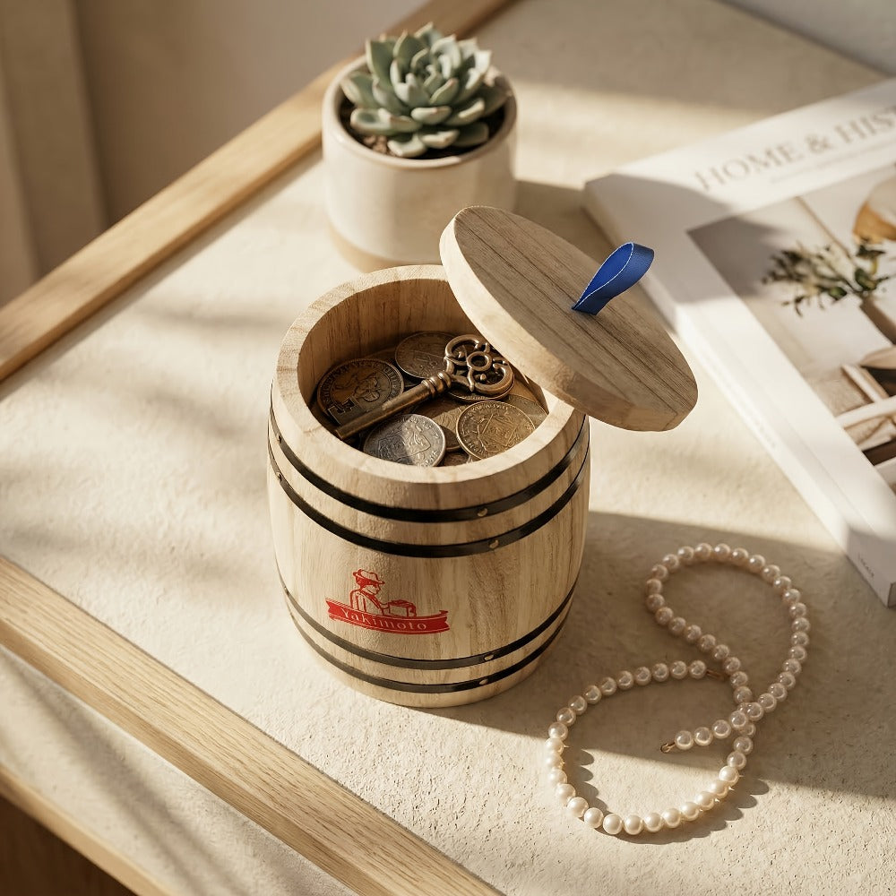 Wooden Barrel Storage Jar with Lid, Rustic Mini Desktop Organizer for Coffee Beans, Sugar, Candy