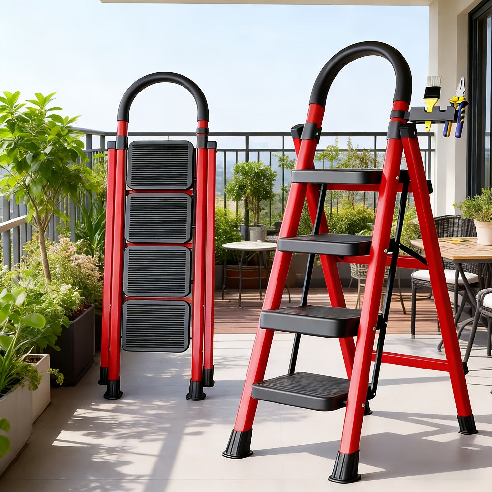 Folding Step Stool Ladder Steel with Anti-Slip Wide Treads & Handrails, Safety Lock, Portable Multi-Step Ladder for Home