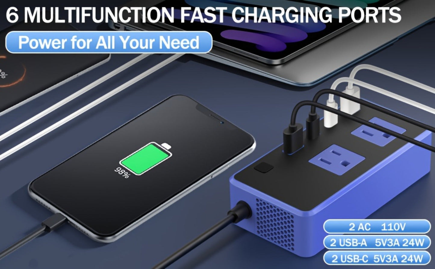 200W Car Power Inverter DC 12V to 110V AC Outlet + USB-C & USB-A 4.8A 24W, Car Plug Adapter Converter for Laptop Camping Travel Road Trip