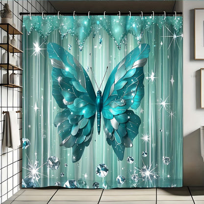 Butterfly-Print Shower Curtain with Four Colors and Single-Curtain or Four-Piece Bathroom Set Options