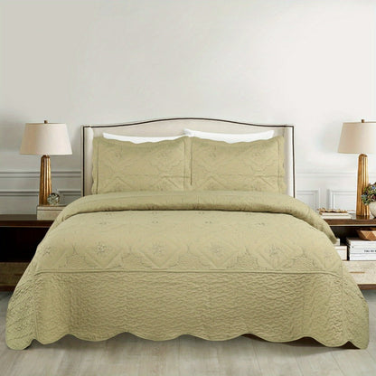 Quilt Set 3 Piece Floral Embroidery Bedspread – 100% Polyester Wrinkle Resistant Lightweight Quilted Coverlet with 2 Pillow Shams for Full