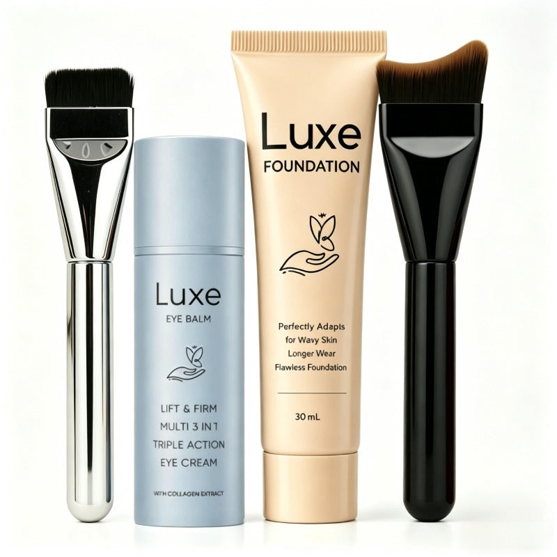 Liquid Foundation Makeup Set 4 Pcs, Full Coverage Buildable Foundation, Eye Cream Applicator & 2 Foundation Brushes