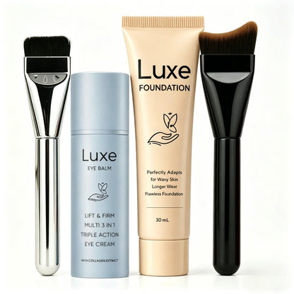 Liquid Foundation Makeup Set 4 Pcs, Full Coverage Buildable Foundation, Eye Cream Applicator & 2 Foundation Brushes