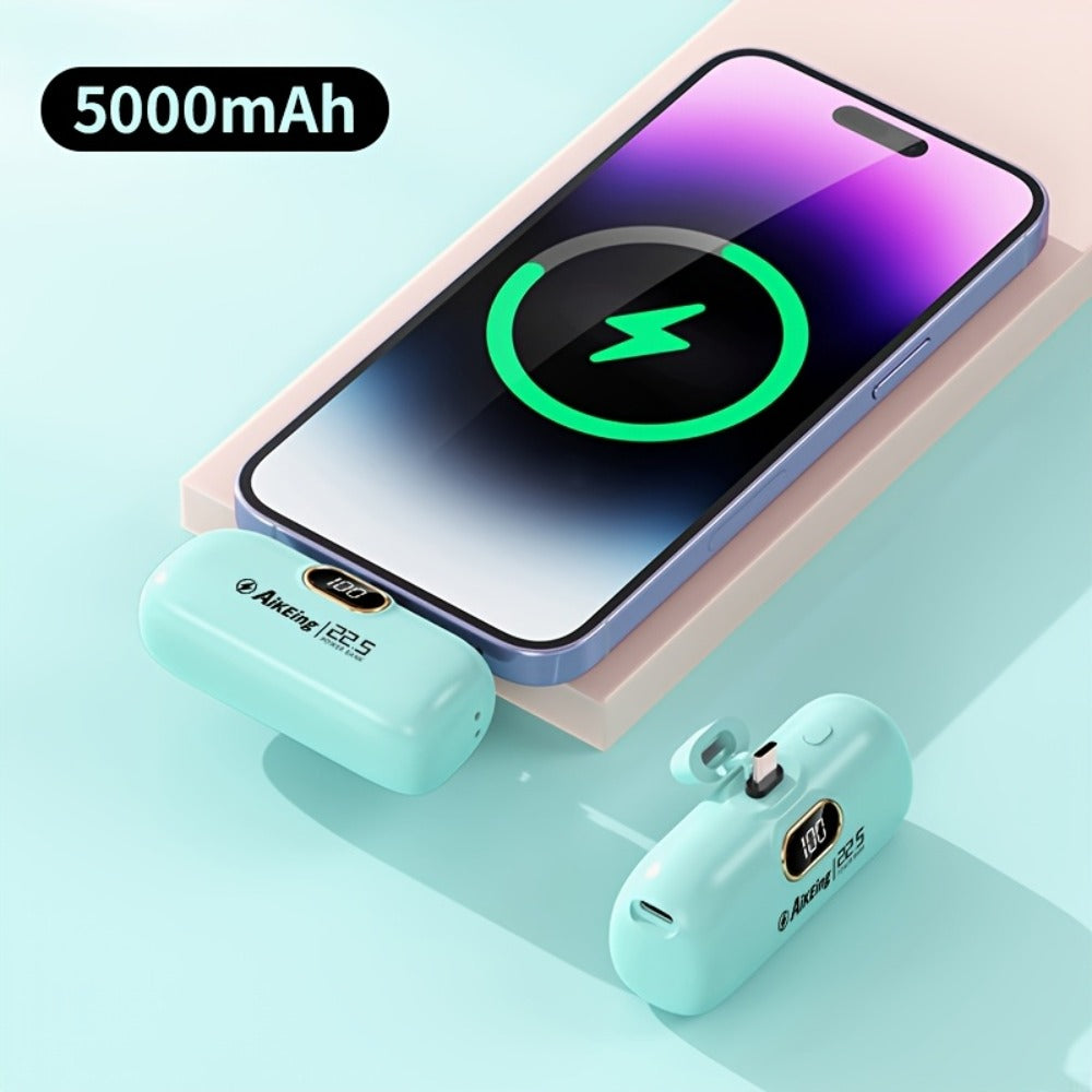Mini Power Bank 5000mAh with Built-in USB-C Connector Fast Charging, Ultra-Compact Pocket Portable Charger for iPhone Android Samsung