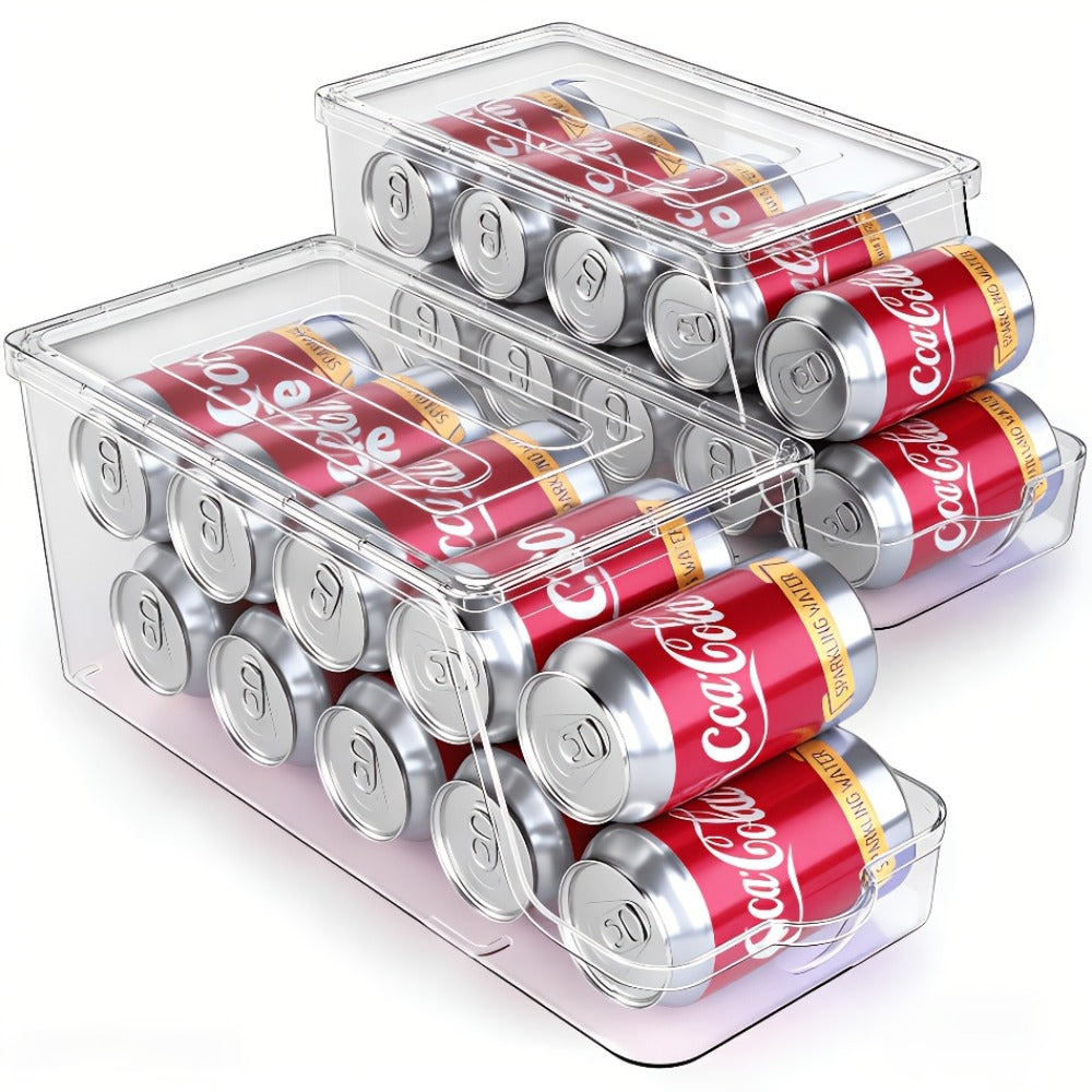 Soda Can Organizer for Refrigerator Stackable | Can Holder Dispenser with Lid for Fridge, Pantry & Freezer – Holds 9 Cans Each