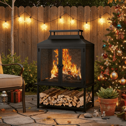 Outdoor Fireplace 39 Inch Rectangular Wood Burning Fire Pit with Grill, Spark Screen & Poker