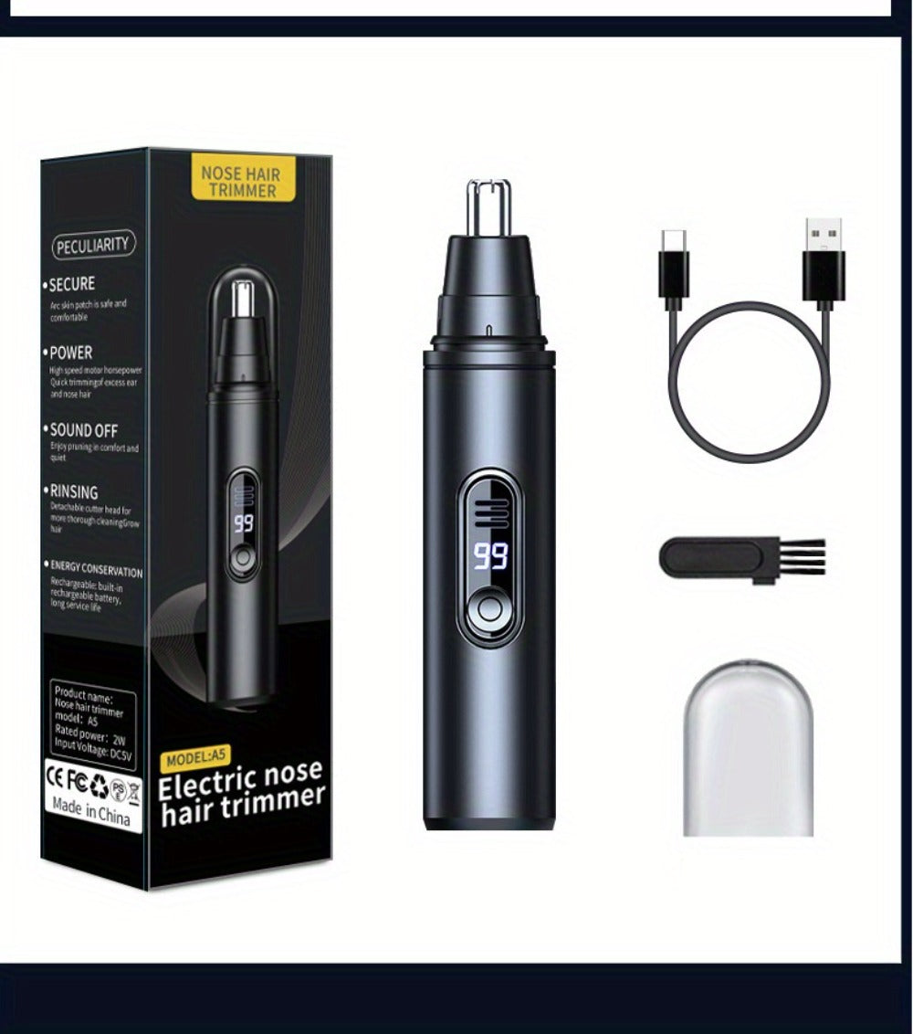 Nose Hair Trimmer Electric Painless 3-in-1 USB Rechargeable with LED Display – Trims Nose Ear Hair Eyebrows Waterproof Grooming Device