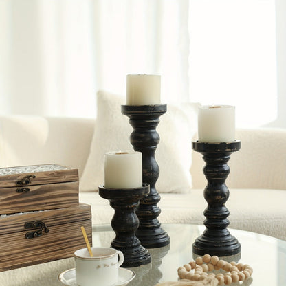 Wood Pillar Candle Holder Set of Three with Turned Pedestal Profiles, 16cm, 23cm and 30cm Heights in Three Finishes