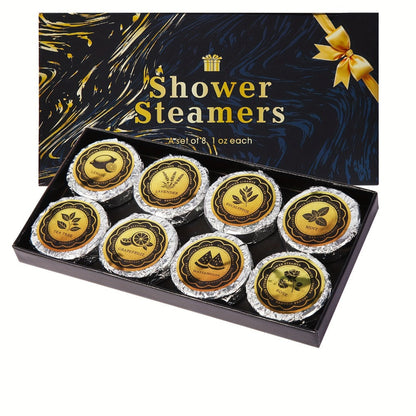 Eight 30 g Shower Steamer Tablets in Eight Fragrance Labels with Black-and-Gold Gift Box Packaging