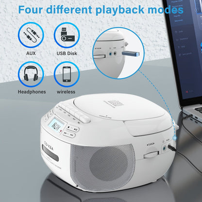 CD Cassette Player Boombox Combo with AM/FM Radio, Remote Control, LCD Display, AUX USB Earphone Jack