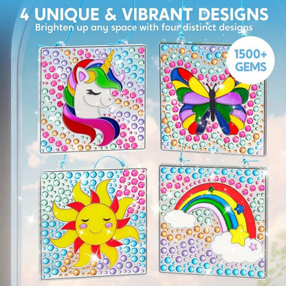 Suncatcher Painting Kit 4pcs for Kids, 2-in-1 Window Art with Gem Stickers & Paint Pens, Butterfly Unicorn Rainbow Sun Designs