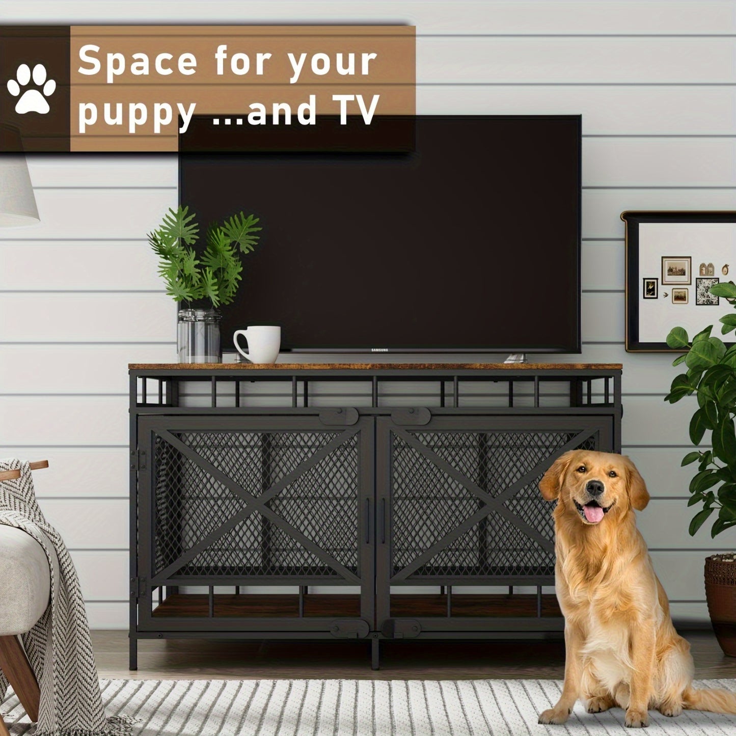 Dog Crate Furniture 43 Inch Corner Indoor Kennel, Heavy Duty Engineered Wood Dog Cage with Side Door for Large Medium Breeds