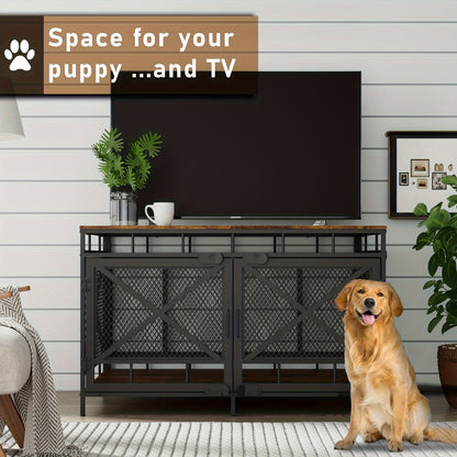Dog Crate Furniture 43 Inch Corner Indoor Kennel, Heavy Duty Engineered Wood Dog Cage with Side Door for Large Medium Breeds