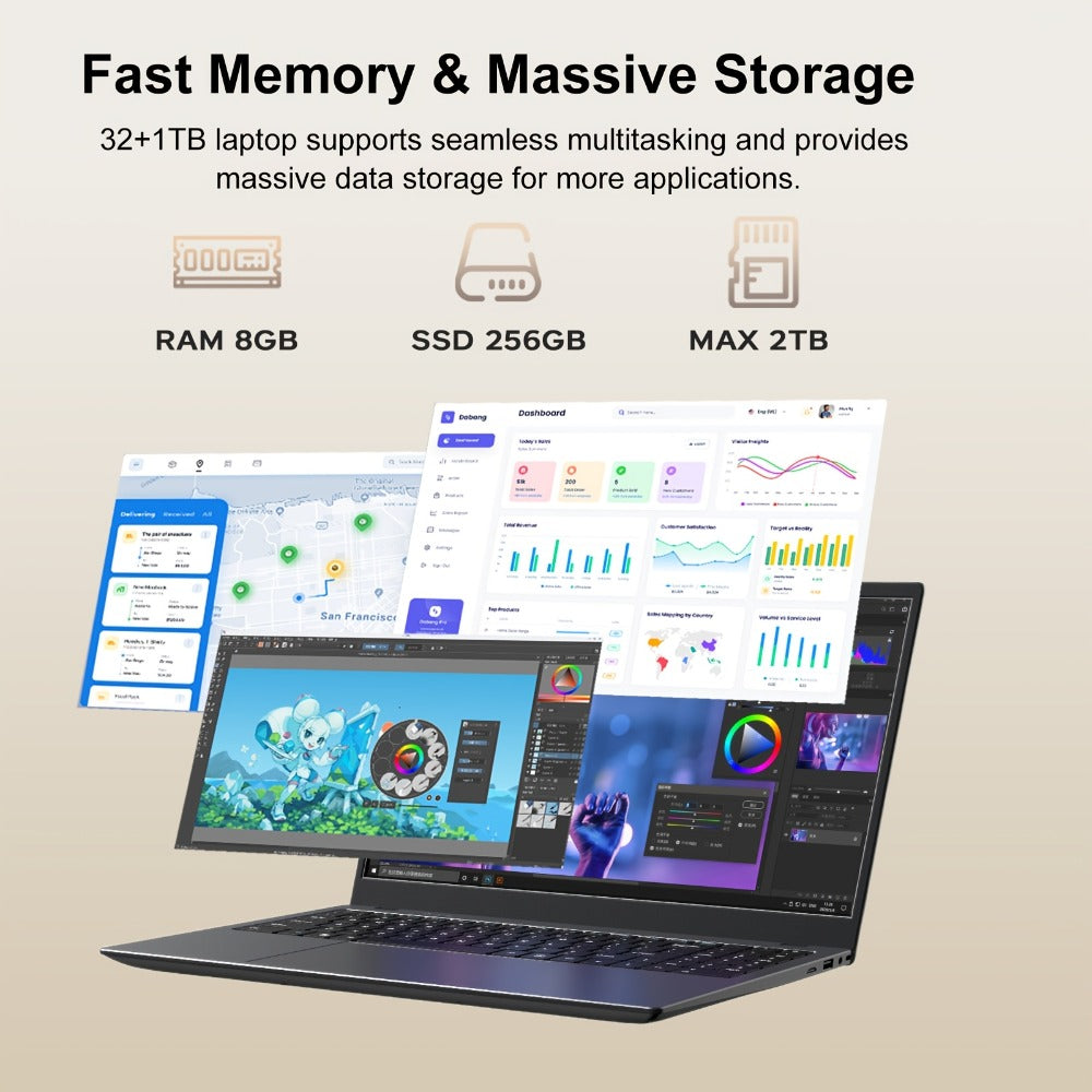 15.6 Inch Ultra-Thin Laptop, Intel Pentium 6500Y, 8GB RAM 256GB SSD, 4K Dual-Screen Support, Quad Stereo Speakers