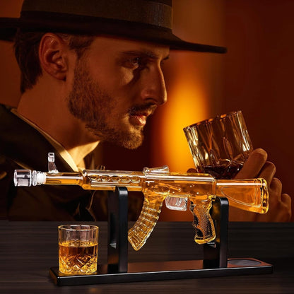 Gun Whiskey Decanter Set with Glasses Military Themed Liquor Dispenser AK47 M1911 Revolver for Entryways, Bedrooms and Living Spaces